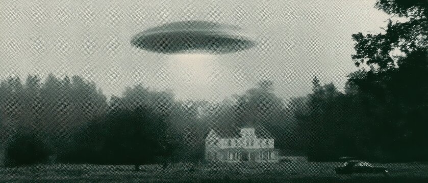 Mysterious ufo hovering over a suburban house in a vintage film aesthetic. Flying saucer encounter above a yard