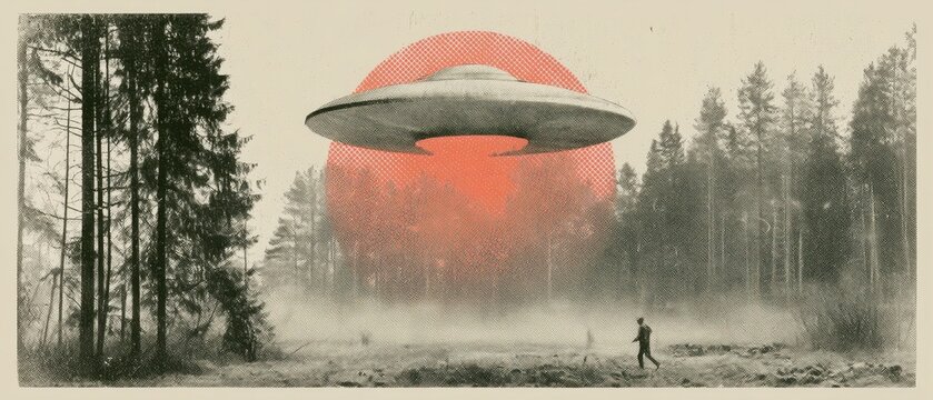 Man walking in forest with flying saucer hovering above. Collage art of ufo encounter in misty woods. Mystery and science fiction concept with retro aesthetic. Strange activity in landscape