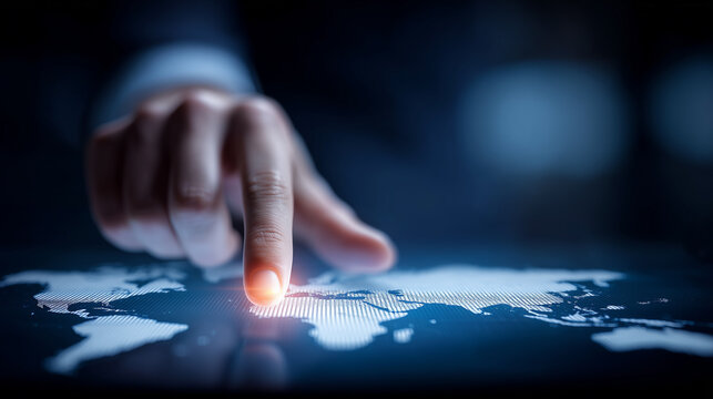 A hand touching a digital world map interface, symbolizing global business access, international logistics and connected data strategy.
