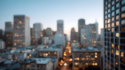 Obraz premium A breathtaking view of a modern metropolitan cityscape at twilight characterized by soft bokeh and glowing architectural lights