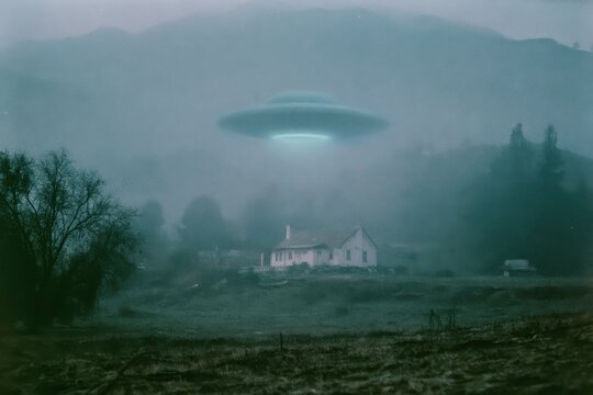 Mysterious ufo hovering over a lonely house in a foggy forest. Retro style landscape with unidentified flying object. Science fiction alien spacecraft visit in a rural area. Atmospheric space concept