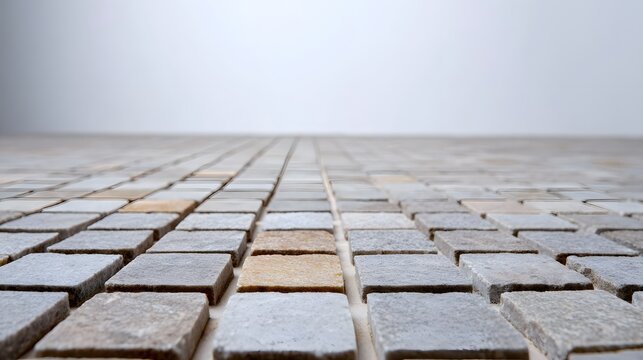 Detailed overhead view of interlocking stone pavers creating a vanishing perspective pattern