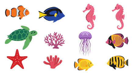 Underwater Sea Life Icons: Clownfish, Tang Fish, Seahorse, Turtle, Jellyfish, Starfish, Coral © rexus