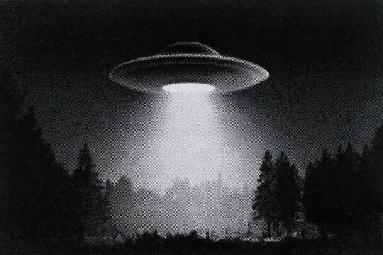 UFO hovering over a forest at night. Vintage retro style illustration of an alien spacecraft emitting a bright beam of light. Mysterious unidentified flying object phenomenon, science fiction concept