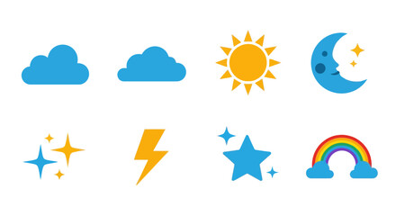 Obraz premium Weather Icons: Sun, Moon, Clouds, Rainbow, Lightning, Stars
