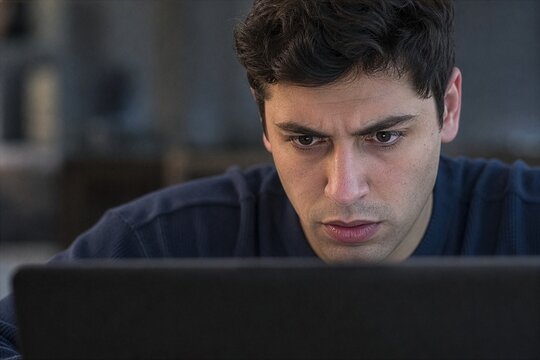 Young man's focused gaze delves into the luminous digital world on a screen