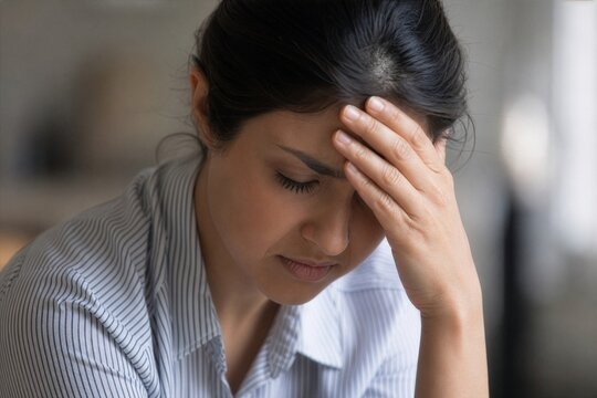 Contemplative moment a young Indian woman feels the crushing weight of stress indoors