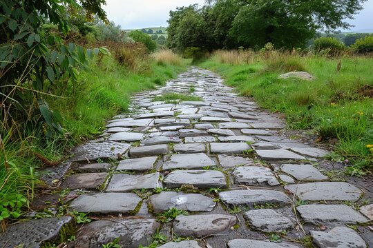 Wet stone path extending through a verdant landscape, inviting exploration towards the rolling hills