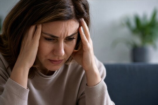 Burdened thoughts woman clutches her temples in silent distress at home