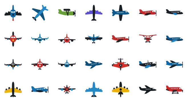 Airplane Icons Set: Various Aircraft, Jets, Propellers, and Helicopters