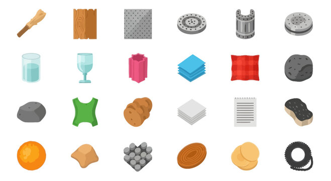 Building Materials Icons: Wood, Stone, Metal, Glass, and Paper Elements
