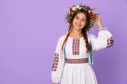 Woman wear traditional Ukrainian embroidered shirt and flower wreath. Happy girl in ethnic dress posing against purple background