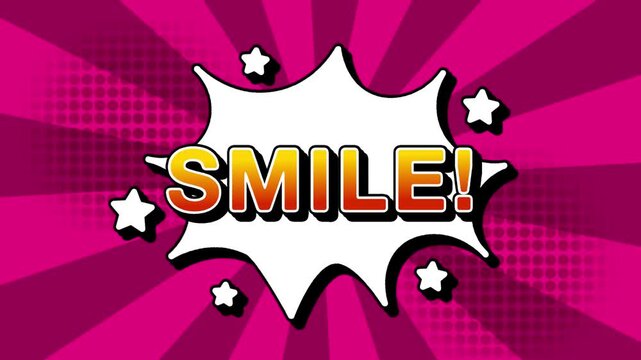 smile text word lettering popup comic cartoon reveal with bomb and smoke explosion manga anime book page dots with radial speed lines doodle pink background with seamless loop animation retro 