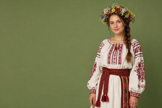 Ukrainian woman wearing traditional vyshyvanka embroidered dress and floral wreath. Slavic girl in ethnic folklore clothing costume. Cultural heritage, national celebration and folk identity concept