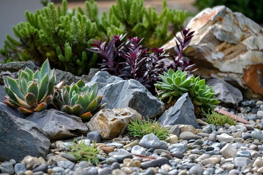 Rock garden featuring a variety of succulents, sedum, ornamental grasses, and decorative rocks, creating a visually appealing landscape design