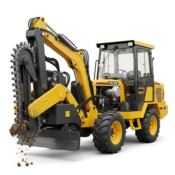 Yellow and black trencher machine with digging chain on white background