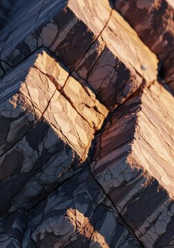 Detailed macro view of geological geometry, showing acute and obtuse angles formed by fractured rock surfaces in natural light, geological, granite, fracture
