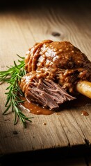 Fototapeta premium Hearty braised lamb shanks served on a rustic wooden surface, slow-cooked meat drenched in savory gravy and garnished with fresh rosemary, rustic, cut, cuisine
