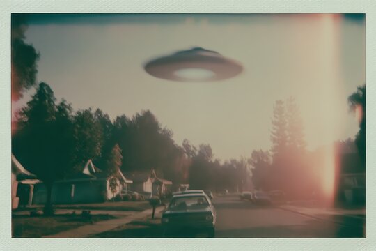 Mysterious flying saucer hovering over a suburban street. Vintage Polaroid style capture of an unidentified flying object in the sky above a neighborhood