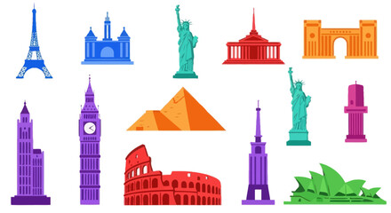 Fototapeta premium Famous Landmarks Icons: Eiffel Tower, Colosseum, Pyramids, Statue of Liberty