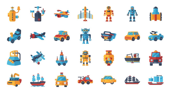 Robots, Cars, Airplanes, and Ships Flat Icon Set for Kids