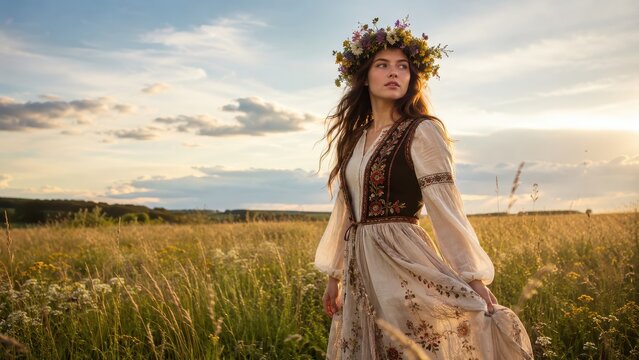 Woman in traditional dress standing in a meadow at sunset. Girl wearing a flower wreath in her hair. Folk costume and ethnic style clothing. Concept of nature, national heritage and summer beauty