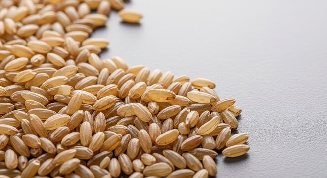 Raw, unpolished brown rice kernels scattered loosely across a simple surface, emphasizing natural food texture and healthy whole grains, pile, edible, closeup