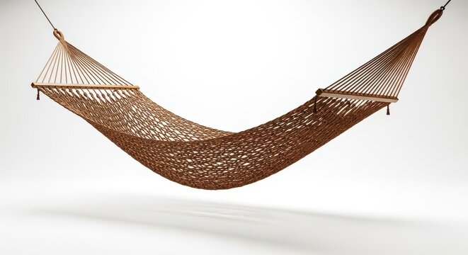 Studio shot of a comfortable, empty brown rope or fabric hammock suspended gently against a clean, isolated bright white background, white background, advertising, summer