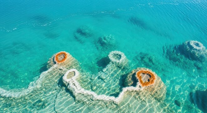 Stunning aerial view of crystal clear teal water showcasing purity, movement, and natural mineral deposits below the surface layer, blue, pristine, swimming hole