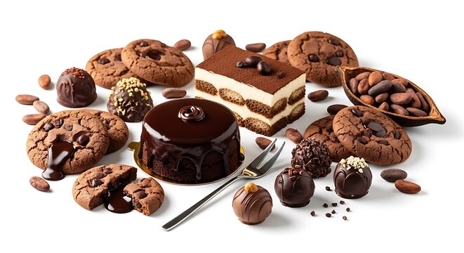Assortment of chocolate cookies, cake, and truffles on white background
