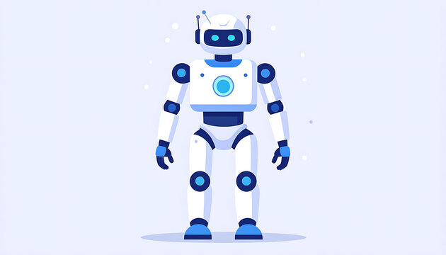 Pixel art robot standing, futuristic android character with blue accents, science fiction concept, artificial intelligence, technology, clean digital illustration