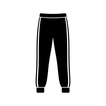 A black and white illustration of athletic sweatpants with side stripes presented as a silhouette