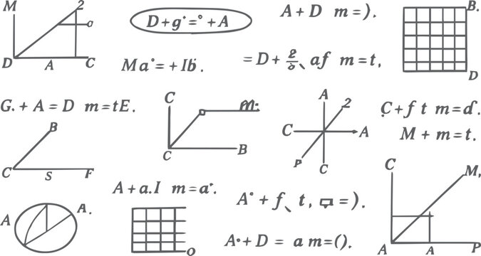 Hand Drawn Complex Mathematical Equations and Formulas on White Background, Advanced Mathematics and Science Calculation Doodle Texture.