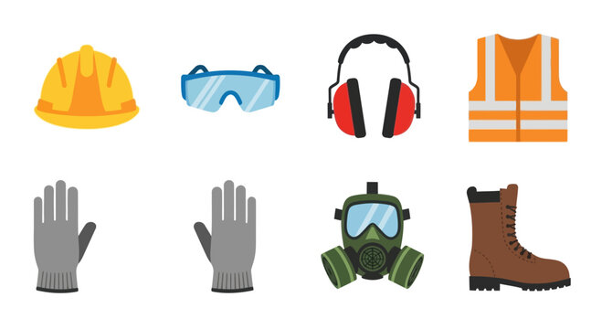 Safety Gear Icons: Hard Hat, Goggles, Earmuffs, Vest, Gloves, Gas Mask, Boot