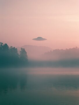 UFO hovering above a misty lake at sunrise. Mysterious saucer spacecraft flying over water in morning fog. Paranormal activity, alien visitation and science fiction