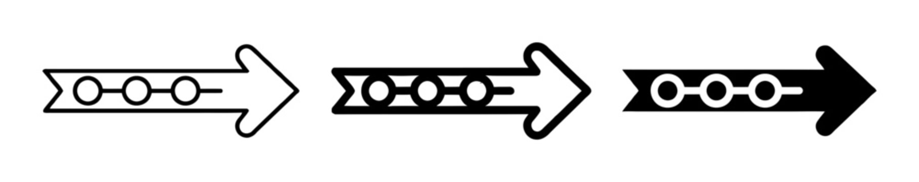 3 process arrow silhouette icons set, solid black style, progress direction indicator for business workflow