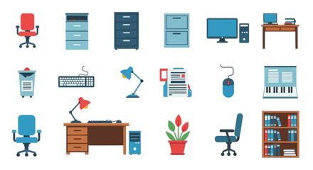 Office Furniture, Computer, and Supplies Flat Icons Collection © rexus