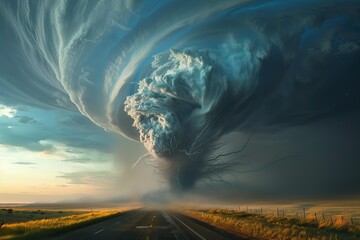 Naklejka premium Powerful supercell thunderstorm forming a tornado over an empty road during a dramatic sunset