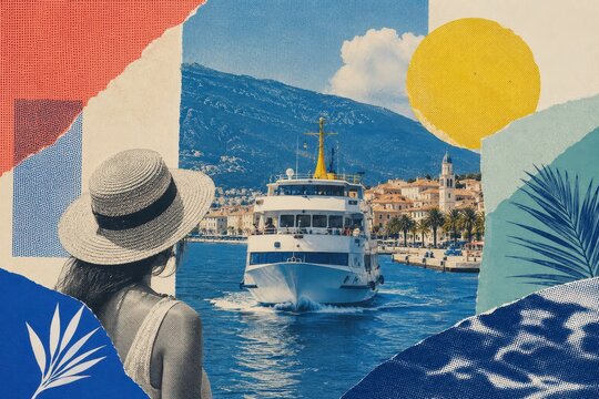 Woman wearing straw hat looking at cruise ship in Mediterranean port. Summer vacation travel concept. Vintage collage style with paper texture and bright colors for tourism and holiday inspiration