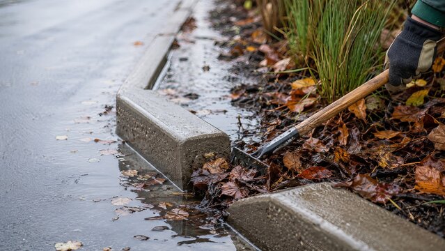 Gloved hand rakes wet leaves from a curbside rain garden beside flooded pavement, clearing stormwater flow around concrete curbs and grasses.