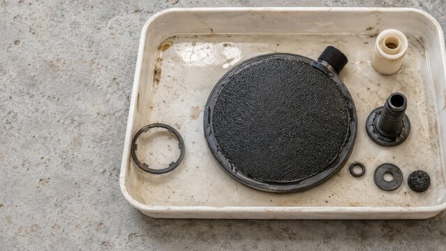 Disassembled black plumbing filter and threaded fittings lie in a dirty white tray on concrete floor, wet parts ready for cleaning or repair.