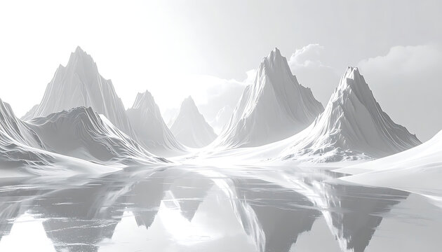 Pixelated grayscale mountain landscape reflecting in still water, serene winter scenery, digital art
