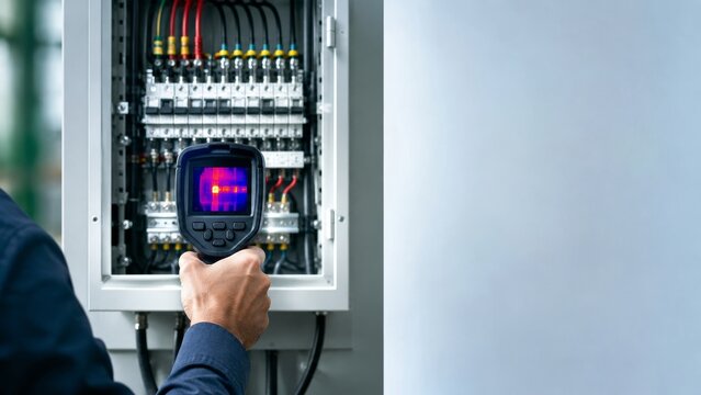 Technician uses thermal camera to inspect open electrical breaker panel, showing infrared heat scan, wiring, and copy space in clean facility.
