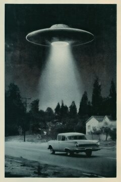 Flying saucer hovering over suburban road with bright beam of light. Vintage sci-fi illustration of ufo abduction