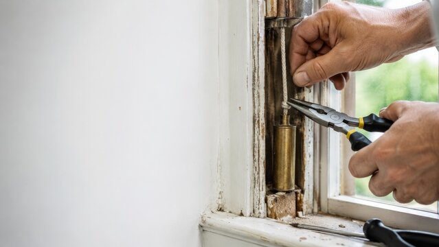 Hands use pliers to repair sash window cord and brass counterweight in old wooden frame, showing close-up home maintenance with copy space.