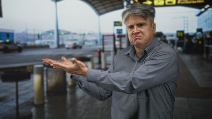 Man with hands outstretched and frowning in airport terminal, palms open toward curb and shuttle area  frustration travel delay. © Krakenimages.com