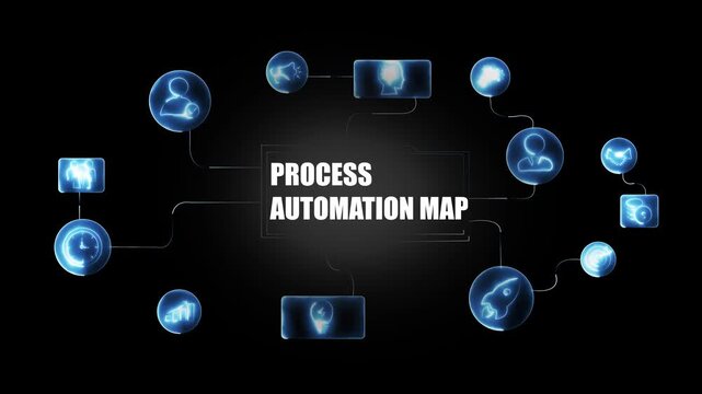 Dynamic process automation map infographic featuring glowing digital for workflow optimization, business intelligence, corporate digital transformation, and advanced