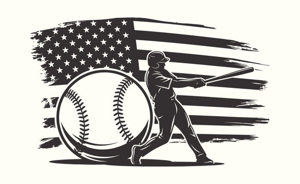 Baseball halloween graphic batter swings with giant baseball before american flag vector illustration