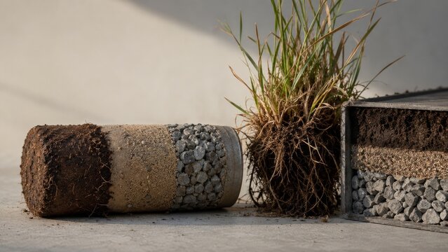 Layered soil and gravel drainage samples with exposed grass roots show permeable landscape substrate construction on a concrete surface.
