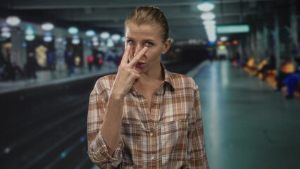 Fototapeta premium Woman points finger to camera at train station building, direct stare and extended hand; accusation confrontation.